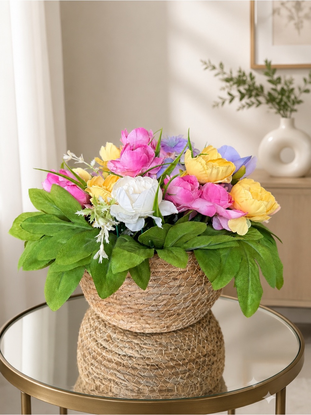 Artificial Peony Floral Arrangement in Woven Basket - Multicolor